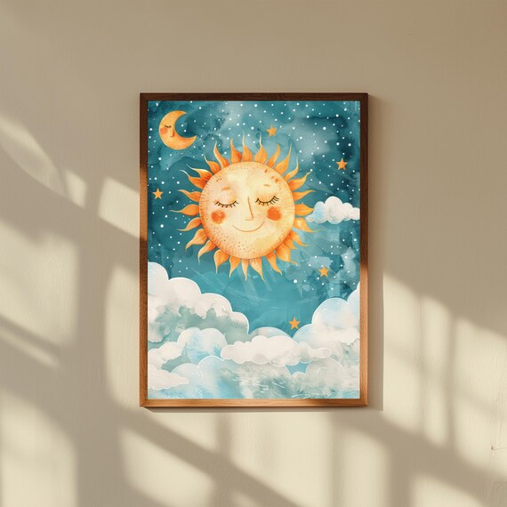 Daytime Sky Nursery Wall Art – Blue Sky with Clouds Print – Whimsical Baby Room Decor for Boys or Girls
