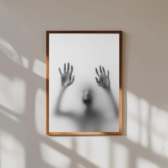 Horror Wall Art Print – Screaming Shadow Behind Glass – Spooky Scary Halloween Decor – Creepy Blurred Figure Poster – Dark Modern Art