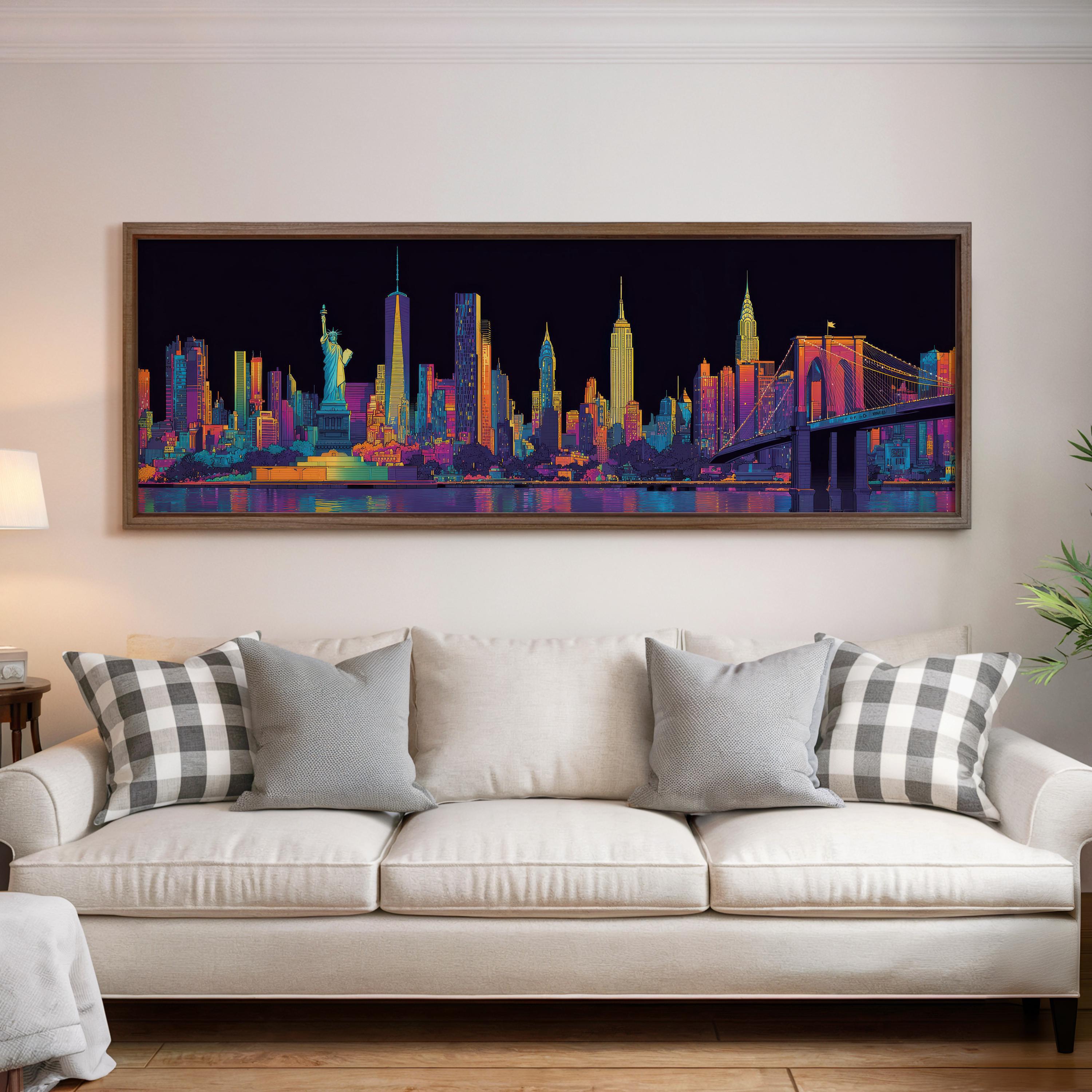 Neon New York City Skyline Print: Pop Art Statue of Liberty Poster