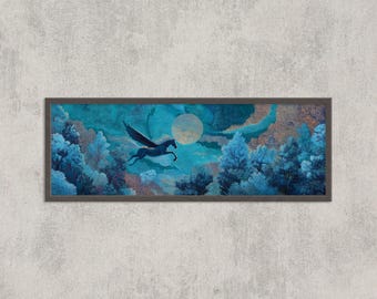 Pegasus Wall Art, Moonlit Fantasy Horse Print, Enchanted Forest Night Sky Painting