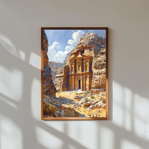 Watercolor Painting of Petra Monastery Jordan | Ancient Cliff Temple Wall Art Print | Desert Landmark Travel Poster