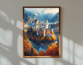 Aquarellmalerei von Schloss Neuschwanstein Deutschland | Märchenhafte Alpen Wand Kunstdruck | Europäisches Wahrzeichen Poster