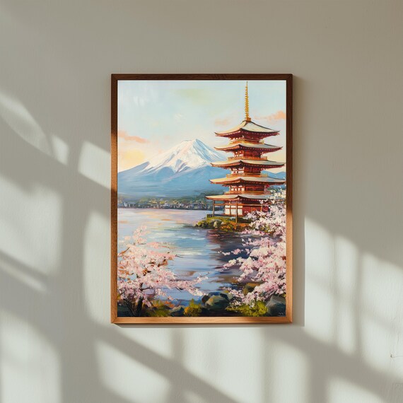 Mount Fuji Japan Painting Poster – Japanese Landscape Wall Art – Minimal Nature Print for Zen Home Decor