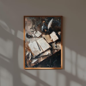Lámina artística de Dark Academia: Escritorio vintage con letras manuscritas. Arte mural literario y melancólico para estudio o biblioteca.