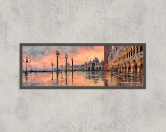 Venice Wall Art Print – Piazza San Marco Panoramic Watercolor, Italian Cityscape Decor