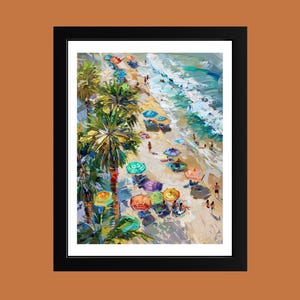Tropical Beach Wall Art Print – Colorful Umbrella Aerial Painting, Summer Coastal Palm Tree Poster, Vibrant Ocean Seaside Landscape Decor