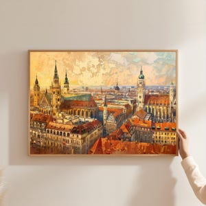 München Marienplatz-tryck: Bayerns Tysklands silhuett, historisk arkitektur