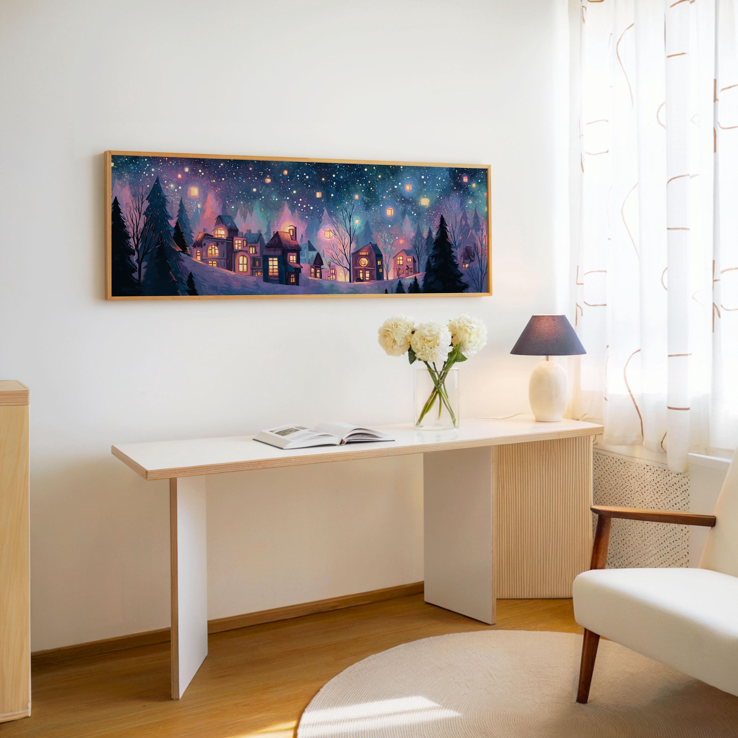 Winter Village Lantern Art Print: Whimsical Starry Night Wall