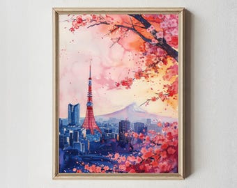 Tokyo Tower Watercolor Print: Mount Fuji & Cherry Blossoms
