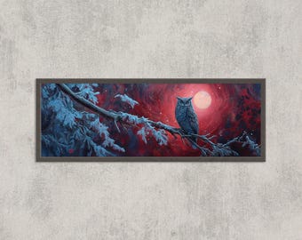 Owl Wall Art, Mystical Night Forest Print, Crimson Moon Wildlife Print