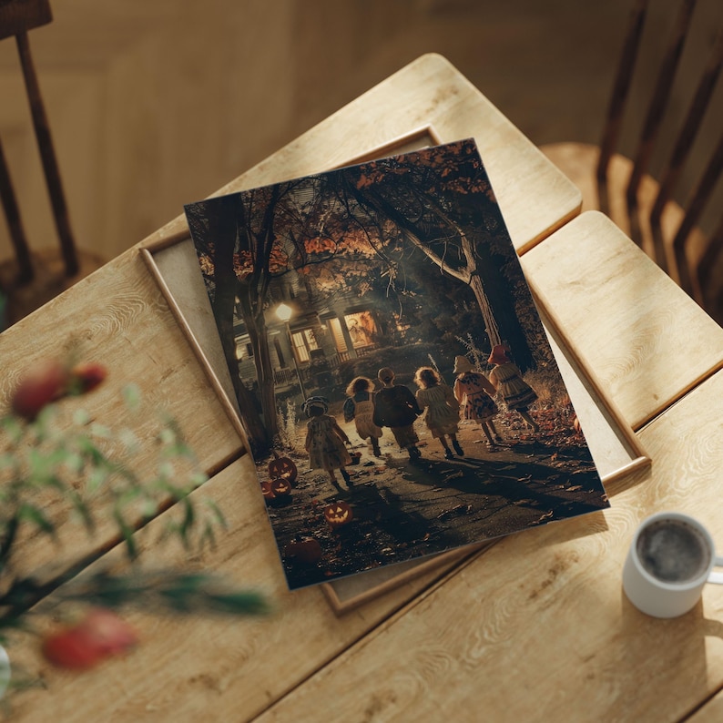 Halloween Children Art Print: Trick-or-Treaters Under Streetlights image 2