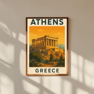 Athens Greece Vintage Travel Poster – Acropolis Wall Art – Retro European City Print for Home or Office Decor