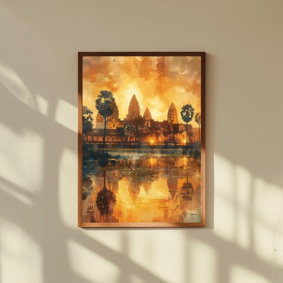 Angkor Wat Watercolor Print – Temple at Sunrise Art, Southeast Asia Travel Wall Decor, Cambodia Landscape Painting, Spiritual Poster