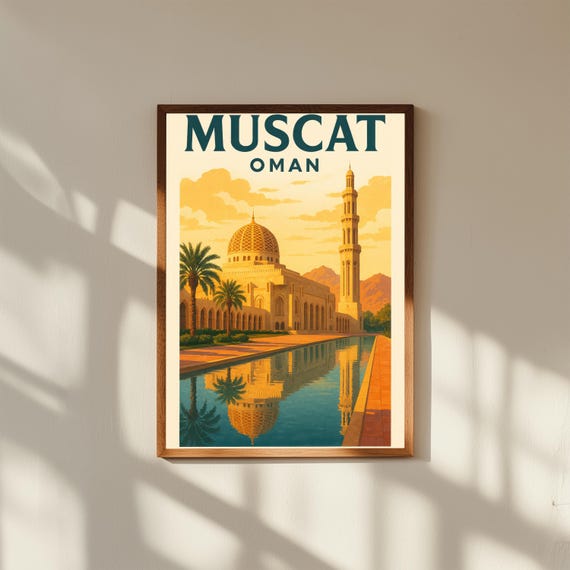 Muscat Oman Vintage Travel Poster Print – Retro Wall Art of Sultan Qaboos Grand Mosque & Mountains – Arabian Decor for Home