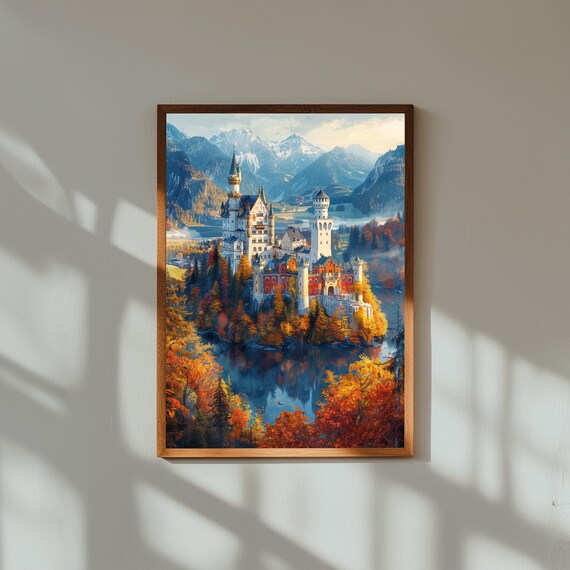 Watercolor Painting of Neuschwanstein Castle Germany | Fairytale Bavarian Alps Wall Art Print | European Landmark Poster