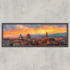 Pu&ograve; includere: Opera d'arte panoramica incorniciata raffigurante un paesaggio urbano al tramonto. Il dipinto presenta un cielo vibrante con tonalit&agrave; arancioni, gialle e blu. Sono visibili edifici con tetti di tegole rosse e una cupola prominente.