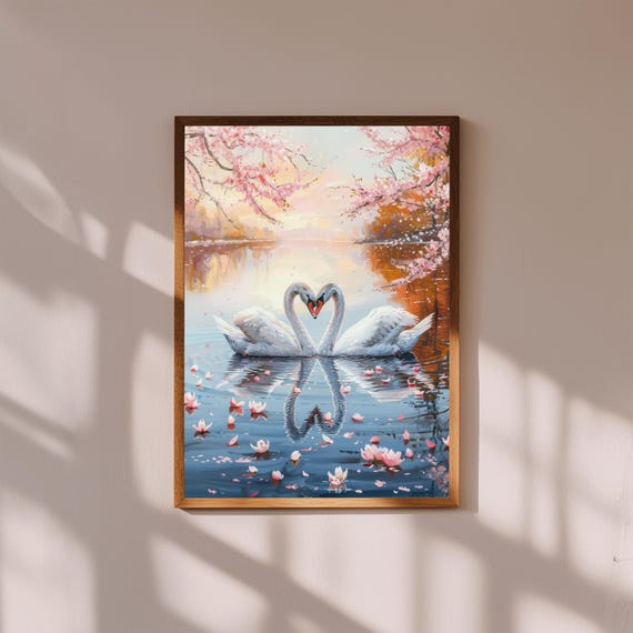 Romantic Swan Heart Oil Painting – Two Swans on Countryside Lake Wall Art, Elegant Nature Love Poster, Tranquil Animal Art Print