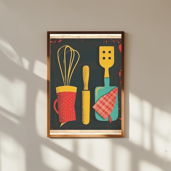 Retro Baking Wall Art – 50s Diner Style Print with Rolling Pin, Whisk, Oven Mitts, Bold Teal Red Mustard Colors, Vintage Kitchen Decor