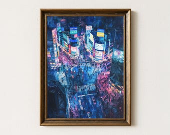 Paisaje urbano de neón del cruce de Shibuya: Impresión artística en acuarela de Tokio