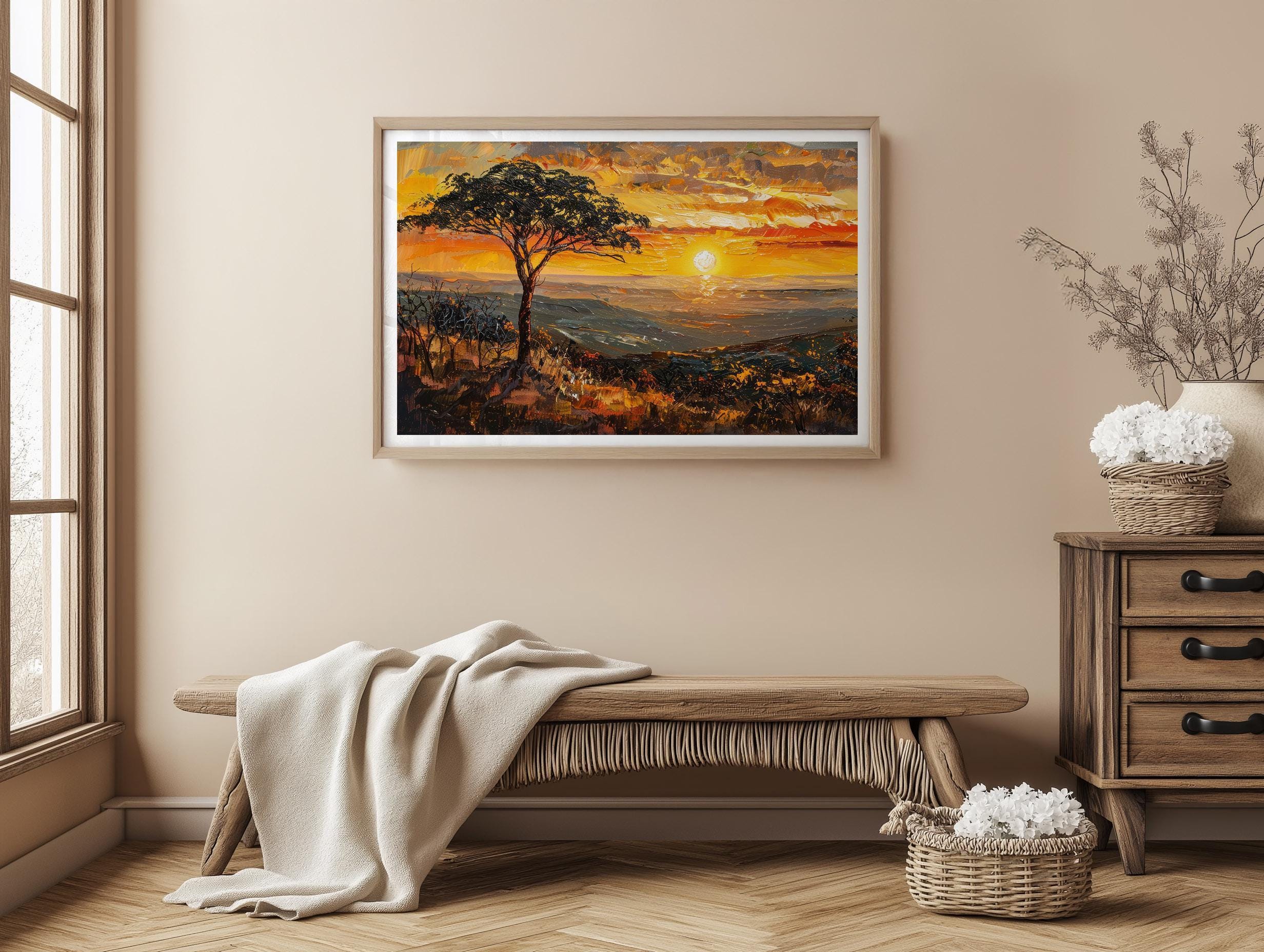 African Savanna Sunset Canvas Art: Acacia Tree Oil Painting Style
