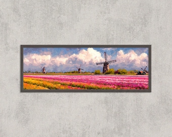 Tulip Fields Netherlands Wall Art | Panoramic Windmill Landscape Print | Colorful Dutch Spring Decor