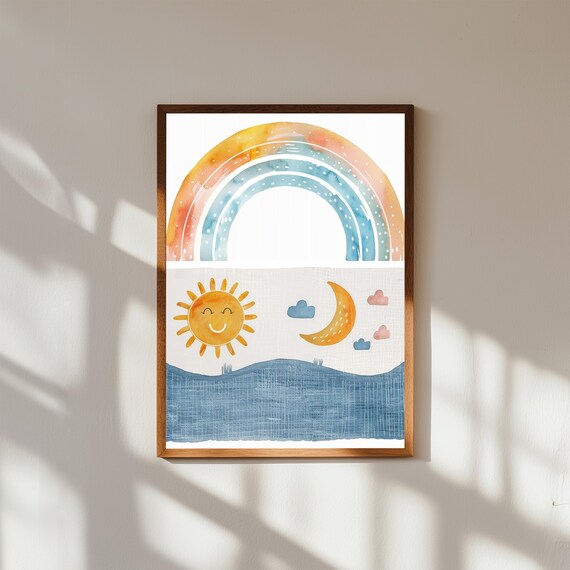 Nursery Rainbow Wall Art – Sun and Moon with Arched Rainbow – Celestial Baby Room Print for Boys or Girls