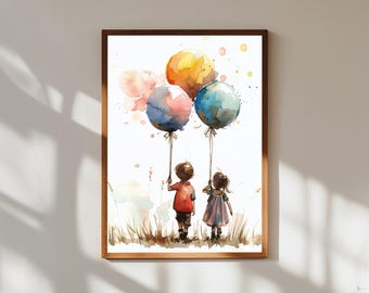Lámina artística de acuarela "Niños caprichosos con globos": Decoración infantil
