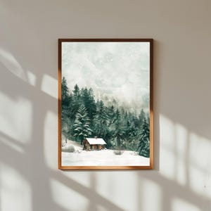 Cozy Cabin in Snowy Pine Forest – Winter Woodland Poster Art, Rustic Christmas Cabin Wall Decor, Snowy Forest Landscape Print