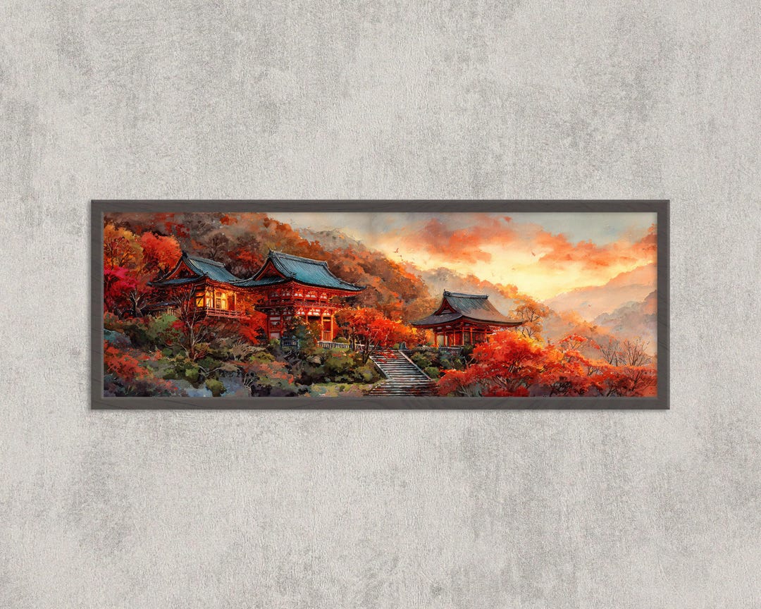 Kyoto Autumn Temple Sunset Wall Art | Japanese Mountain Temple Painting ...