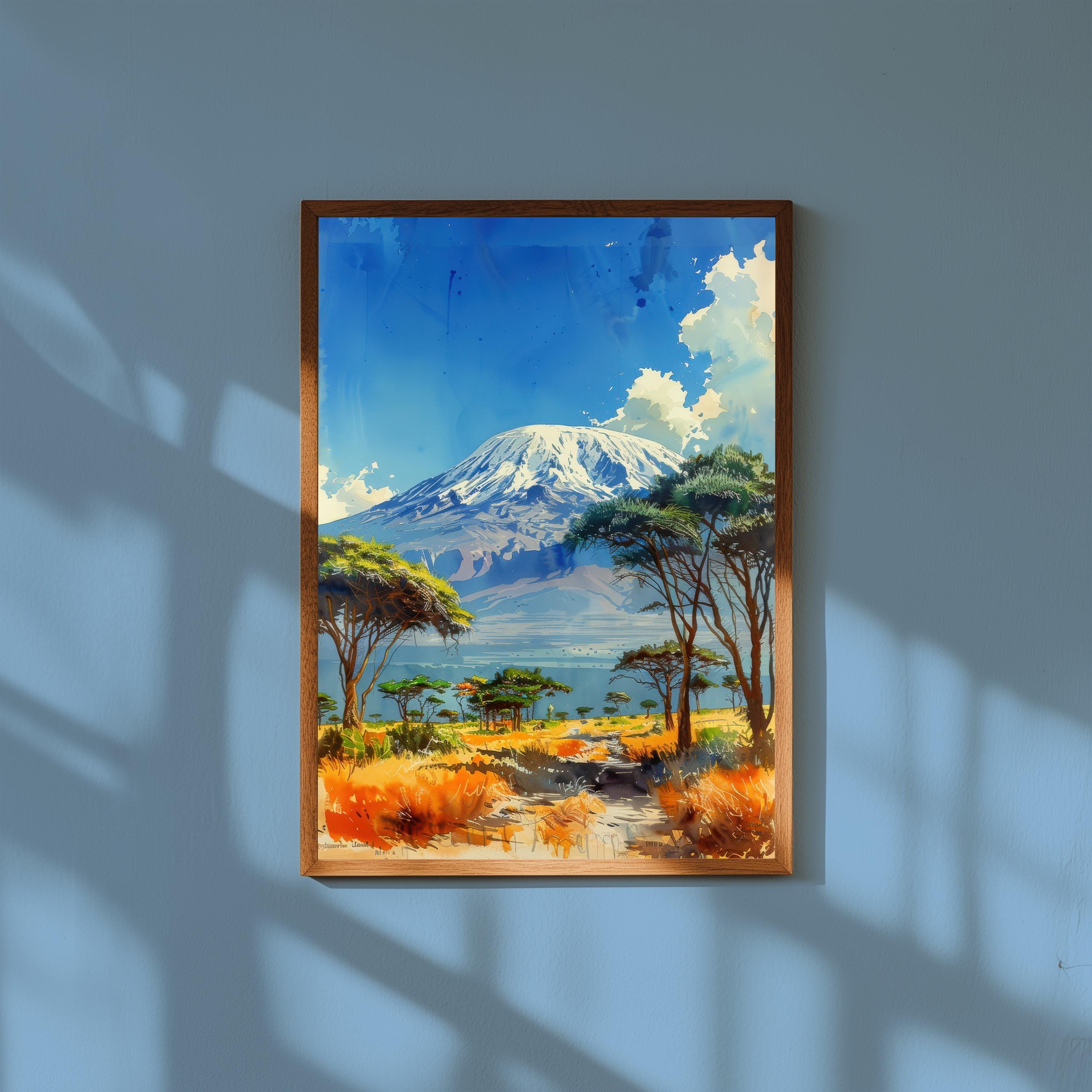 Mount Kilimanjaro Watercolor Painting: African Safari Landscape