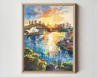 Sydney Harbour Watercolor Print | Opera House & Bridge Wall Art | Australia Travel Poster