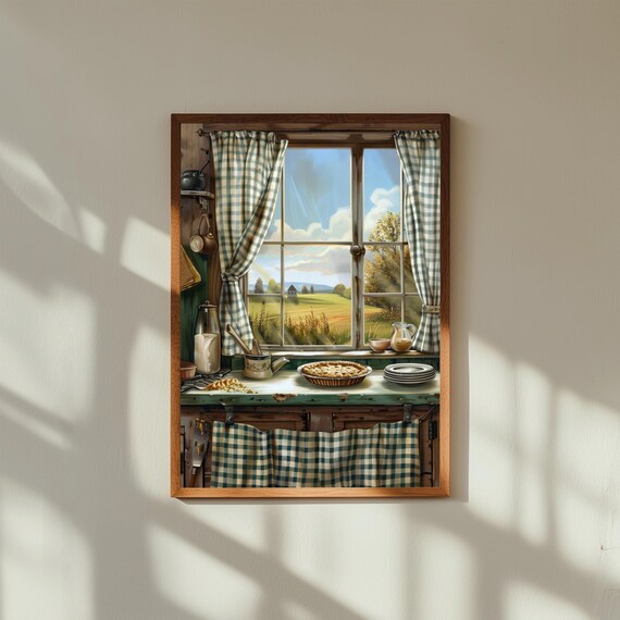 Farmhouse Kitchen Art Print – Gingham Curtains & Fresh Pie on Windowsill, Cozy Country Interior Poster, Rustic Vintage Home Decor