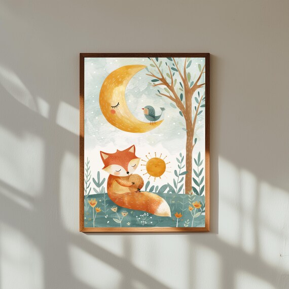 Watercolor Fox Nursery Wall Art – Sleeping Fox Under Moon & Awake Fox Under Sun – Day and Night Animal Print for Baby Room