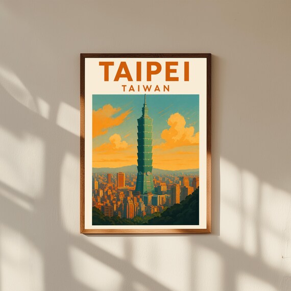 Taipei Taiwan Vintage Travel Poster Print – Retro Wall Art of Taipei 101 & City Skyline – East Asian Decor for Home or Office