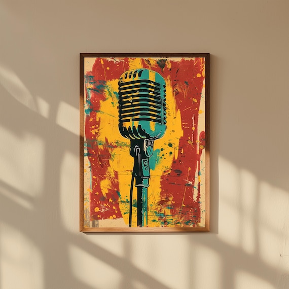Retro Vintage Microphone Canvas Wall Art | Bold Color Music Print | Pop Art Music Decor | Singer Gift | 50s Style Microphone Poster