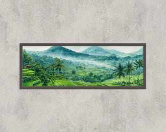 バリ島の棚田の絵画：緑豊かな田園と伝統的な小屋 - Etsy 日本