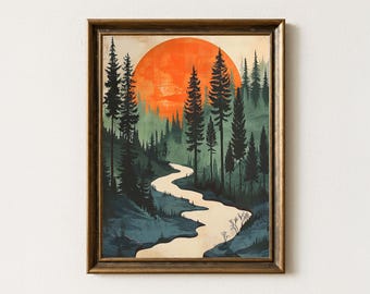 Retro Pine Forest Print: Vintage River Landscape, Cabin Lodge Decor