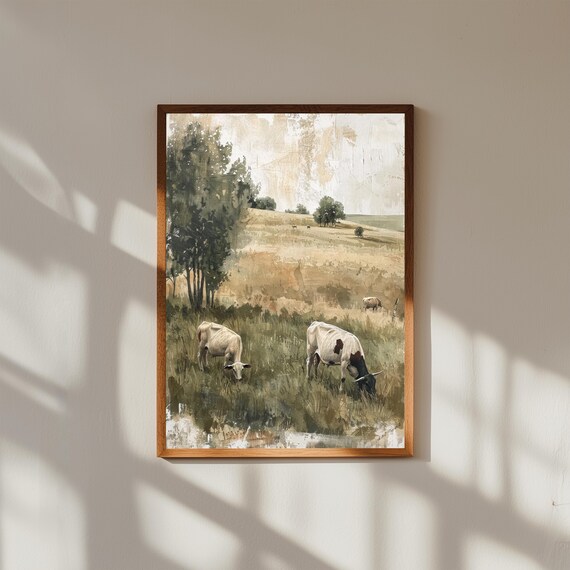 Country Farmhouse Painting – Cows & Sheep Grazing in Field – Rustic Pastoral Wall Art for Home or Cabin Decor