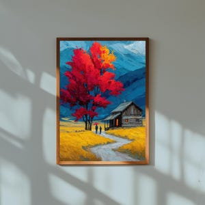 Herbst Cabin Wall Art Print - Rote Baum Landschaft, Berghütte Poster, Herbst Natur Kunstwerk, gemütliche rustikale Wohnkultur