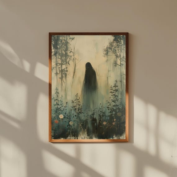 Ghost in Overgrown Garden at Twilight – Vintage Oil Painting Print, Gothic Nature Wall Art, Haunted Garden Decor, Ethereal Paranormal Poster