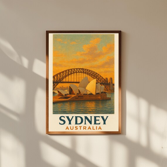 Sydney Australia Vintage Travel Poster Print – Retro Wall Art of Opera House & Harbour Bridge – Coastal City Decor for Home