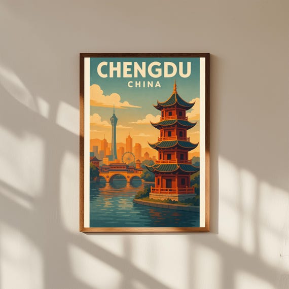 Chengdu China Vintage Travel Poster Print – Retro Wall Art of Panda Base & Wuhou Shrine – Sichuan City Decor for Home or Office