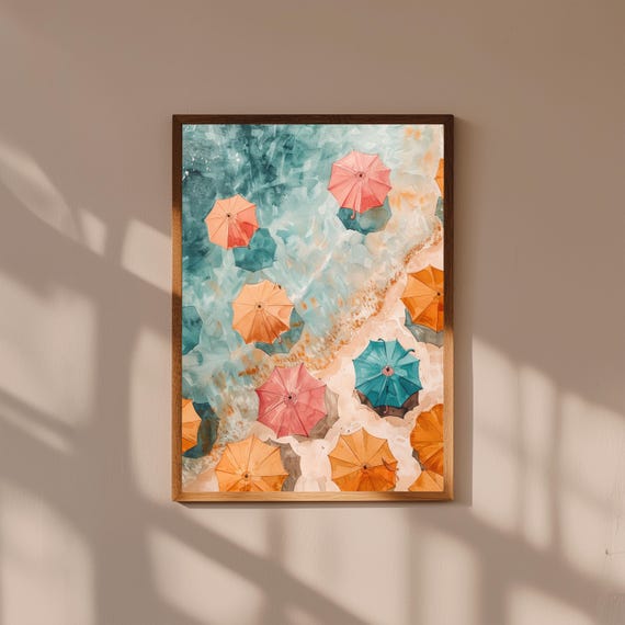 Beach Umbrellas Aerial Wall Art | Colorful Coastal Painting | Summer Ocean Print | Top-Down Seaside Decor | Vibrant Beach Artwork