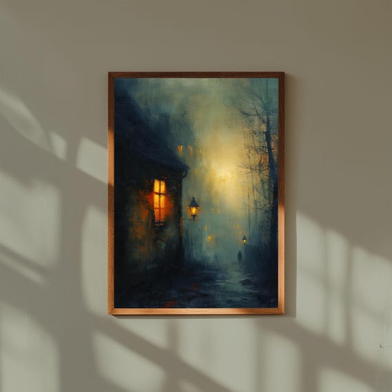Ghostly Figures on Foggy Town Street at Dawn – Oil Painting Print, Haunted Urban Landscape, Moody Gothic Art, Paranormal Wall Decor