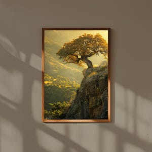 Alte Eiche Klippe Ölgemälde – Weite Bergtal Landschaft Druck – Einsame Natur Fine Art Poster – Gelassene Wand Dekoration