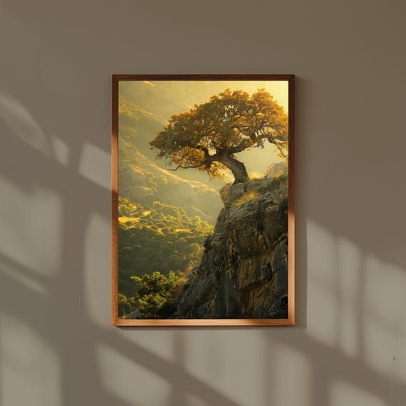 Ancient Oak Tree Cliff Oil Painting – Vast Mountain Valley Landscape Print – Solitary Nature Fine Art Poster – Serene Wall Decor