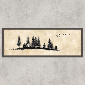 Scandinavian Panorama | Nordic Cabin in Forest with Birds | Rustic Minimalist Wall Art