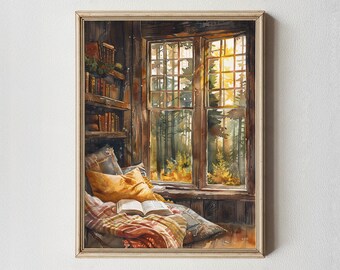 Cozy Reading Nook Watercolor Print: Cottagecore Cabin Art