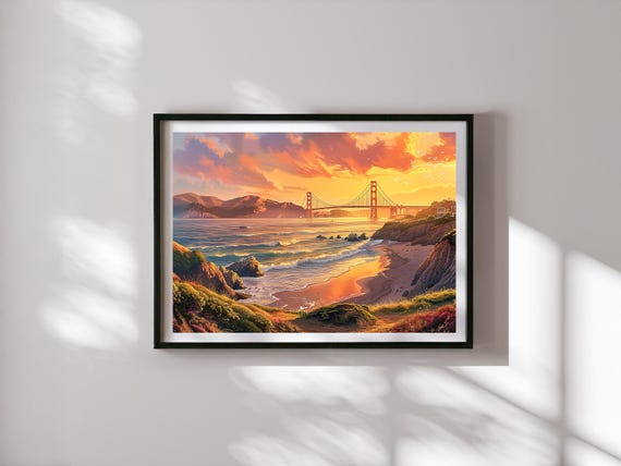 San Francisco Illustration Wall Art – Golden Gate Bridge Poster – California Cityscape Print – Travel Decor – West Coast Skyline Art