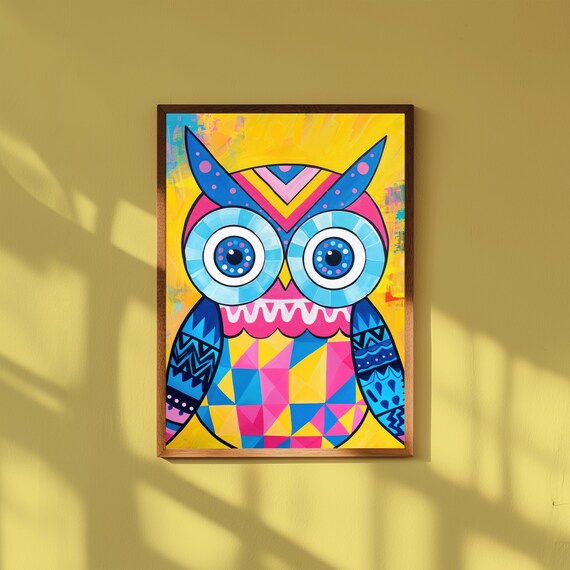 Funky Baby Owl Nursery Art – Whimsical Woodland Animal Poster, Cute Owl Wall Print, Modern Gender Neutral Baby Room Decor